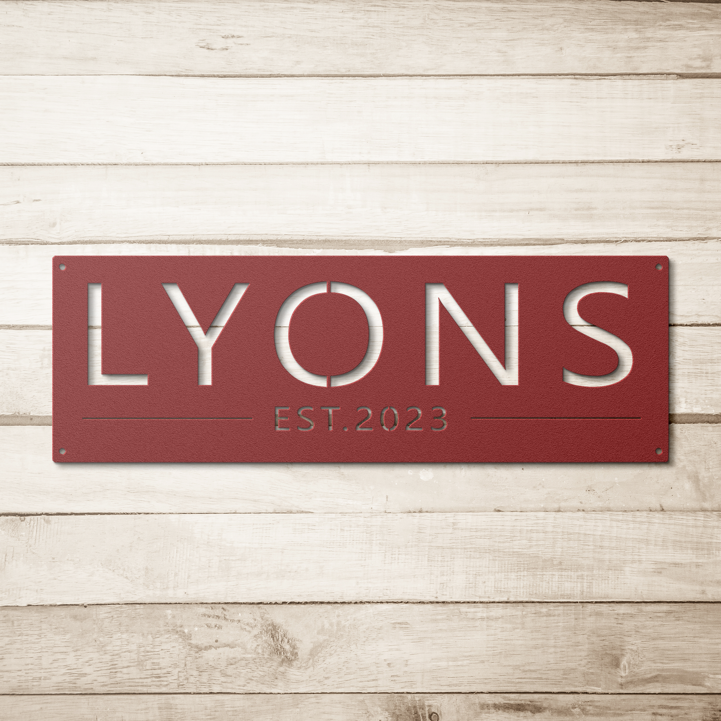 Red custom family name established metal sign on wood background — personalized family name wall art