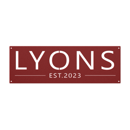 Custom family name established metal sign in red — personalized family name and established year wall art