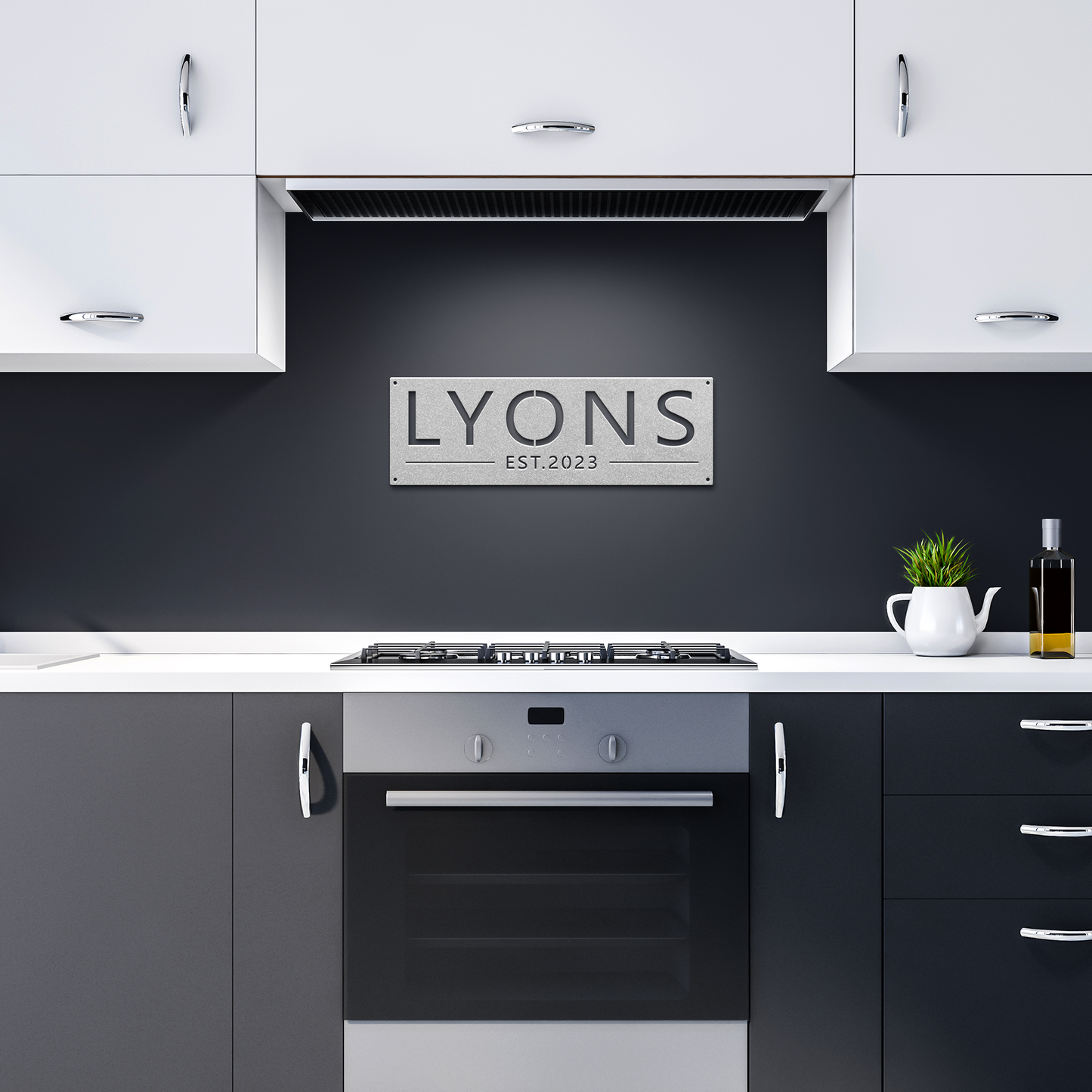 Silver custom family name established metal sign in dark kitchen — personalized family name wall art