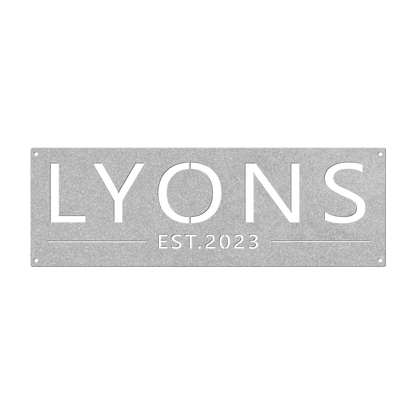 Custom family name established metal sign in silver — personalized family name and established year wall art