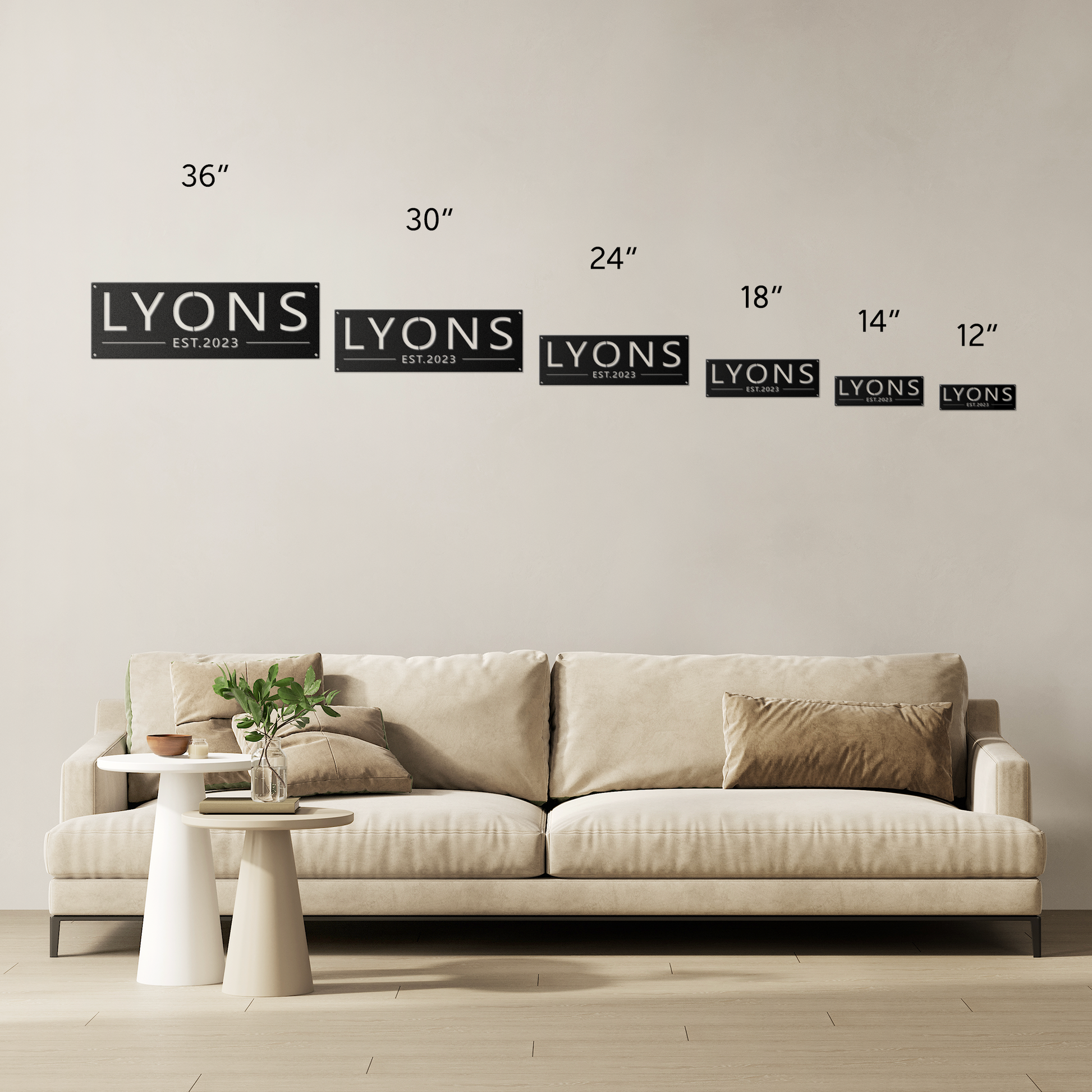Custom family name established metal sign size comparison — 12 to 36 inch options