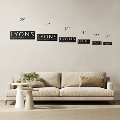 Custom family name established metal sign size comparison — 12 to 36 inch options