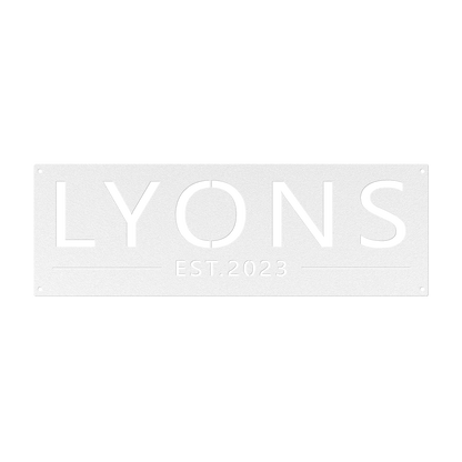 Custom family name established metal sign in white — personalized family name and established year wall art