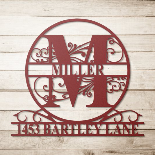 family name split monogram metal sign