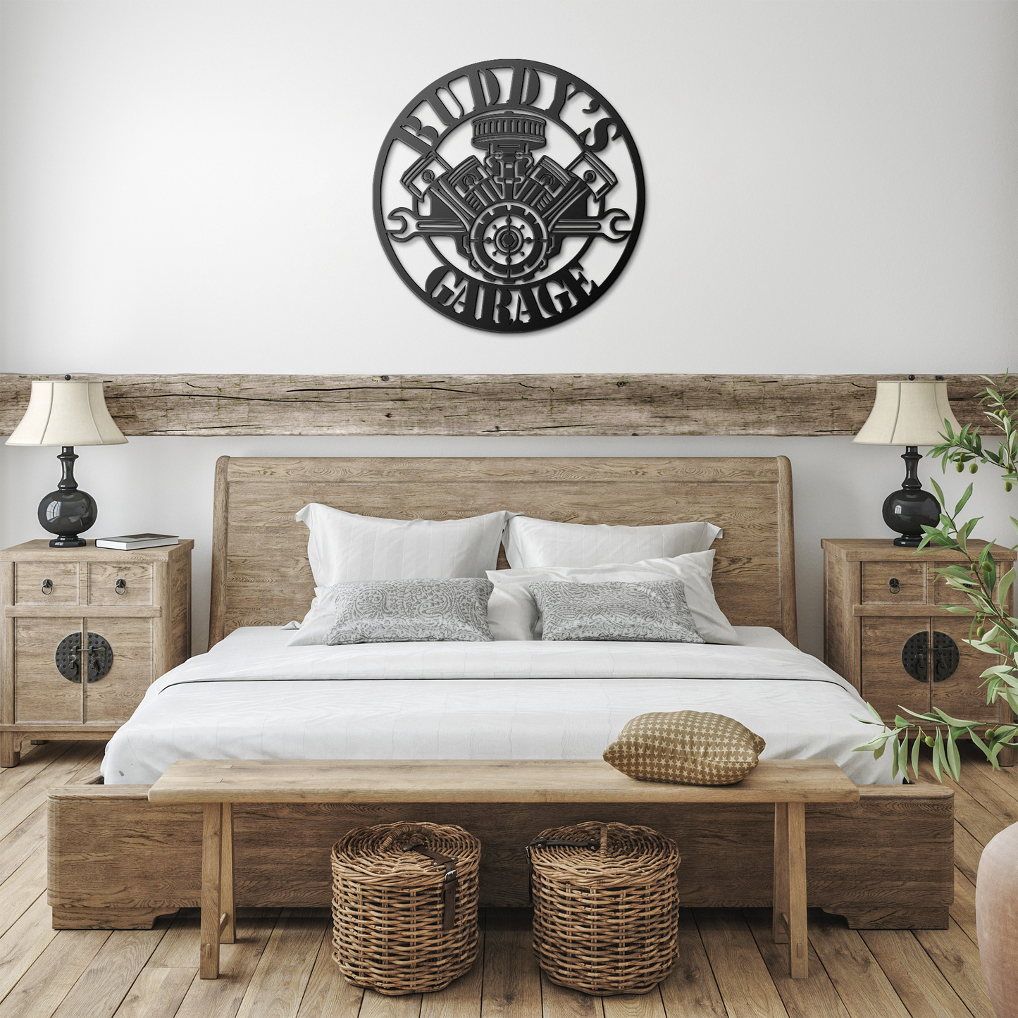 Black V8 engine garage metal sign in farmhouse room — personalized wall art