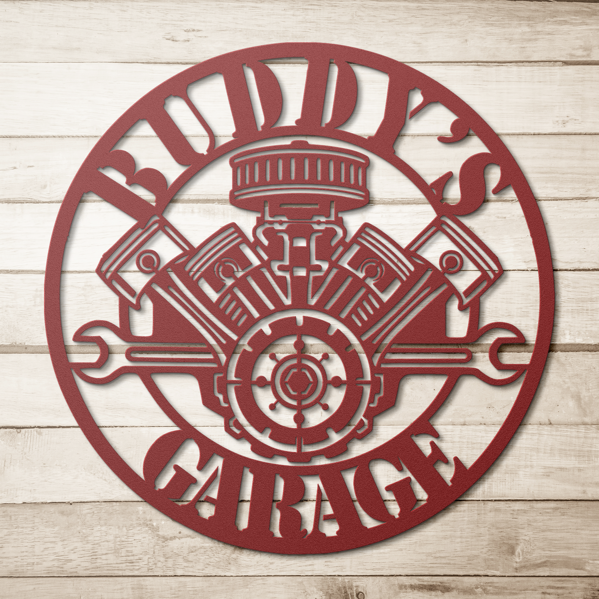 Red V8 engine garage metal sign on wood background — personalized wall art