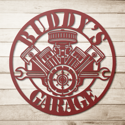 Red V8 engine garage metal sign on wood background — personalized wall art