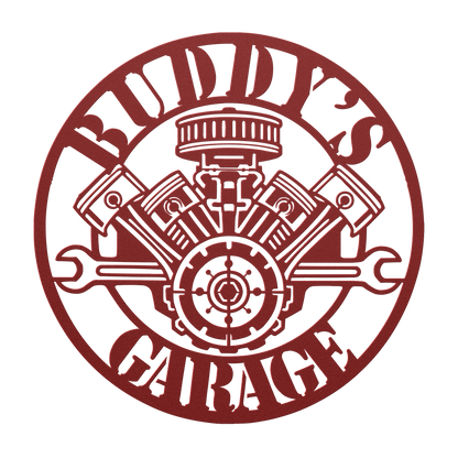 Custom V8 engine garage metal sign in red — personalized name man cave wall art