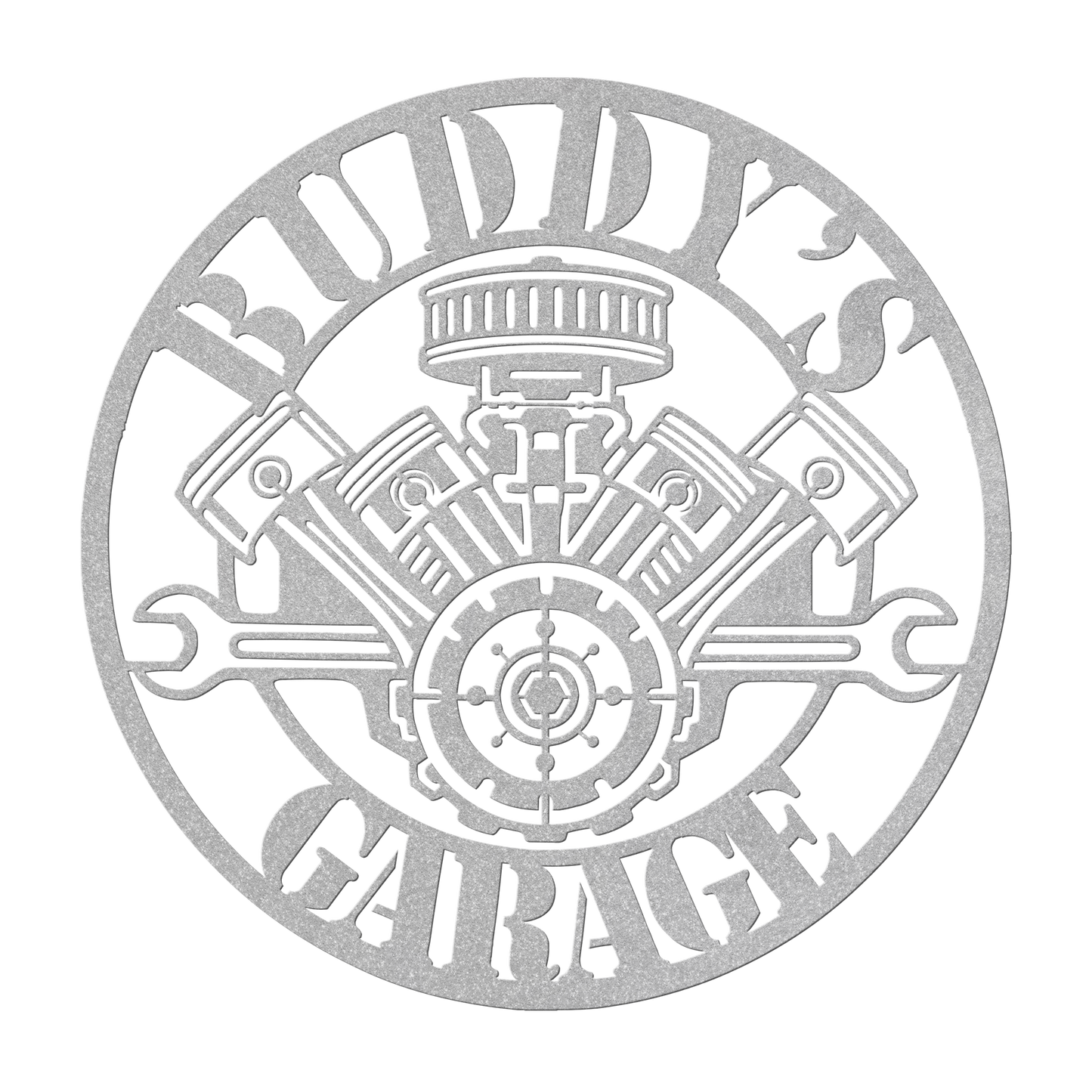 Custom V8 engine garage metal sign in silver — personalized name man cave wall art