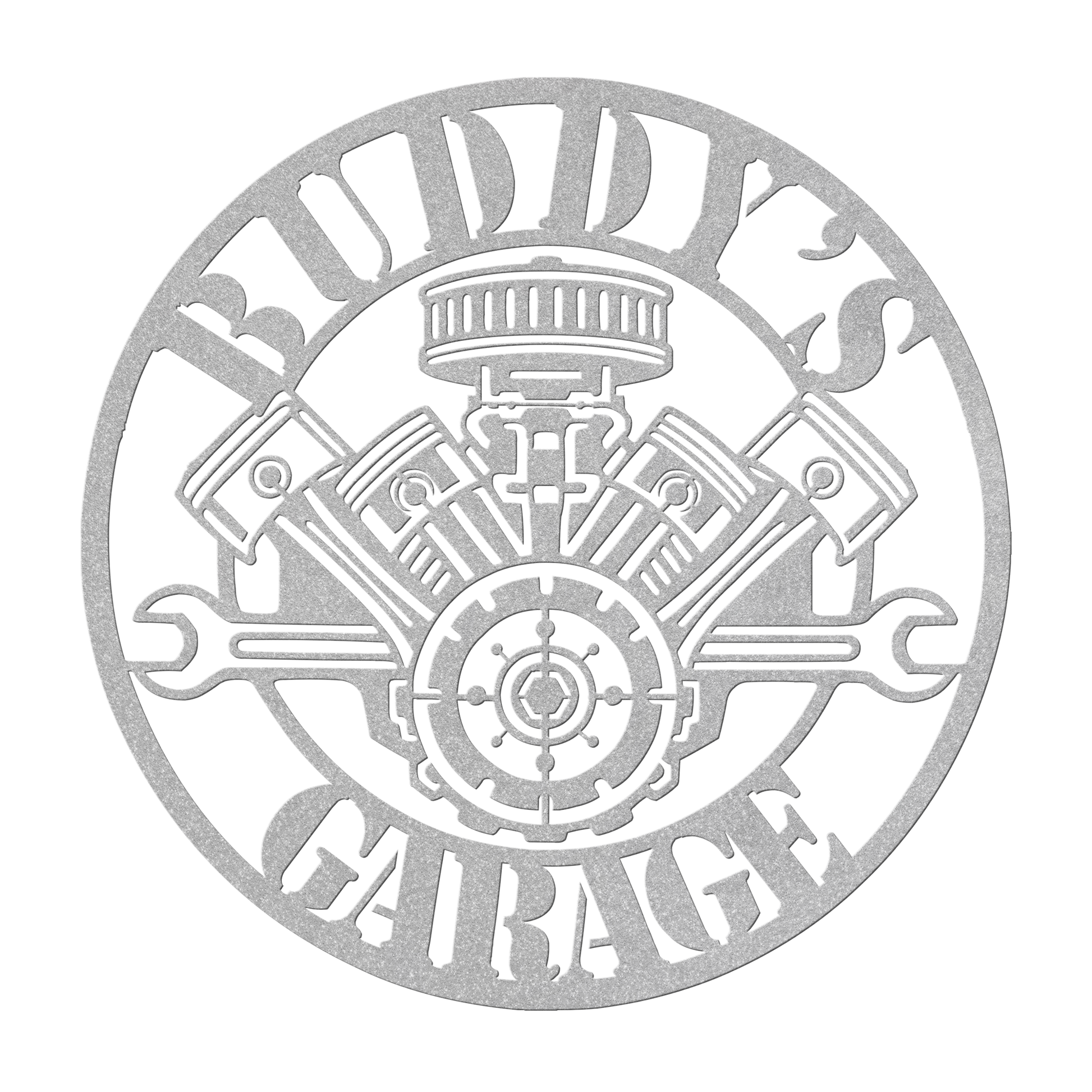 Custom V8 engine garage metal sign in silver — personalized name man cave wall art