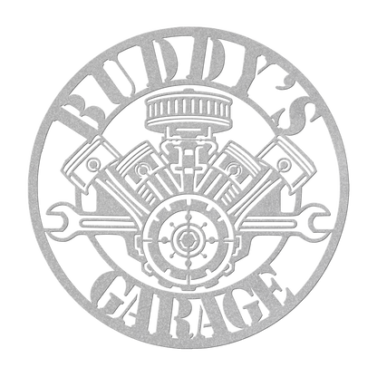 Custom V8 engine garage metal sign in silver — personalized name man cave wall art