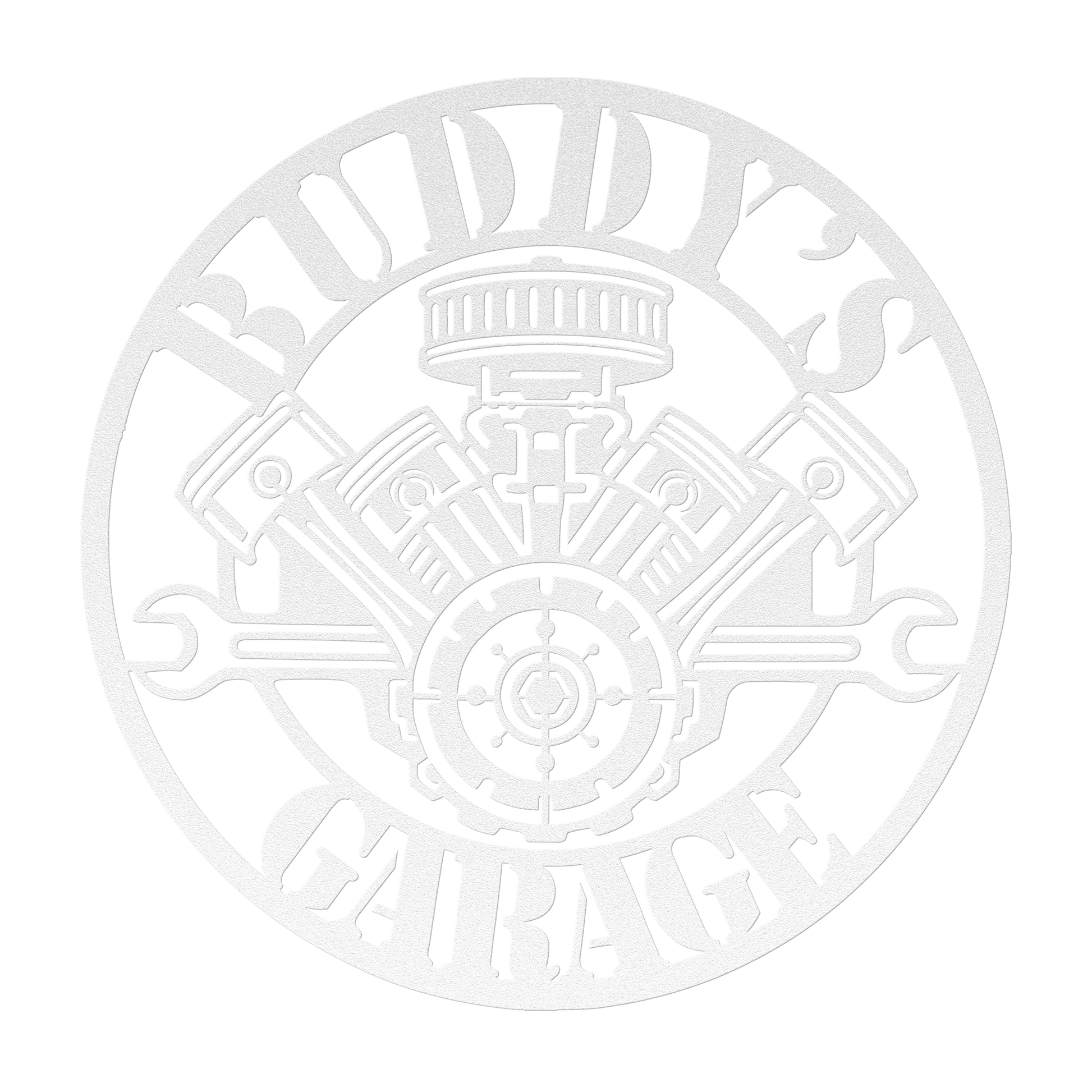 Custom V8 engine garage metal sign in white — personalized name man cave wall art