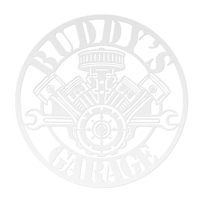 Custom V8 engine garage metal sign in white — personalized name man cave wall art