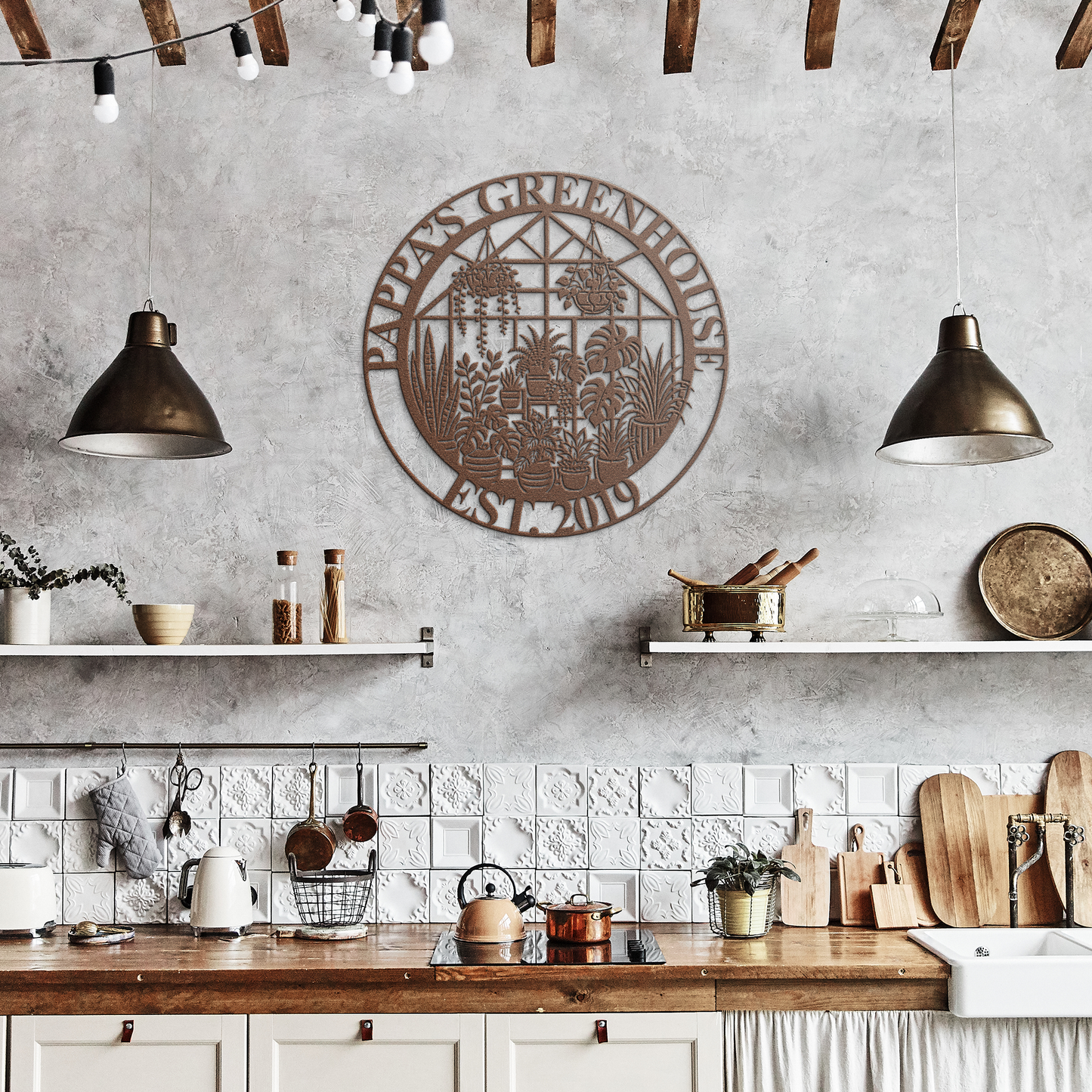 Copper greenhouse metal sign in rustic kitchen — personalized plant lover decor
