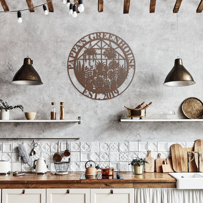 Copper greenhouse metal sign in rustic kitchen — personalized plant lover decor