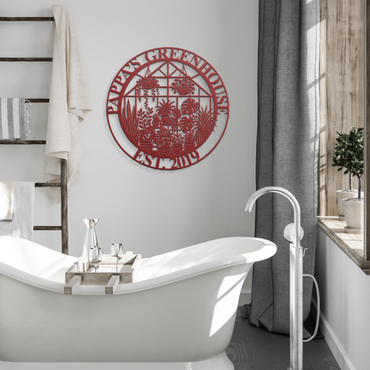 Red greenhouse metal sign in modern bathroom — personalized plant lover decor