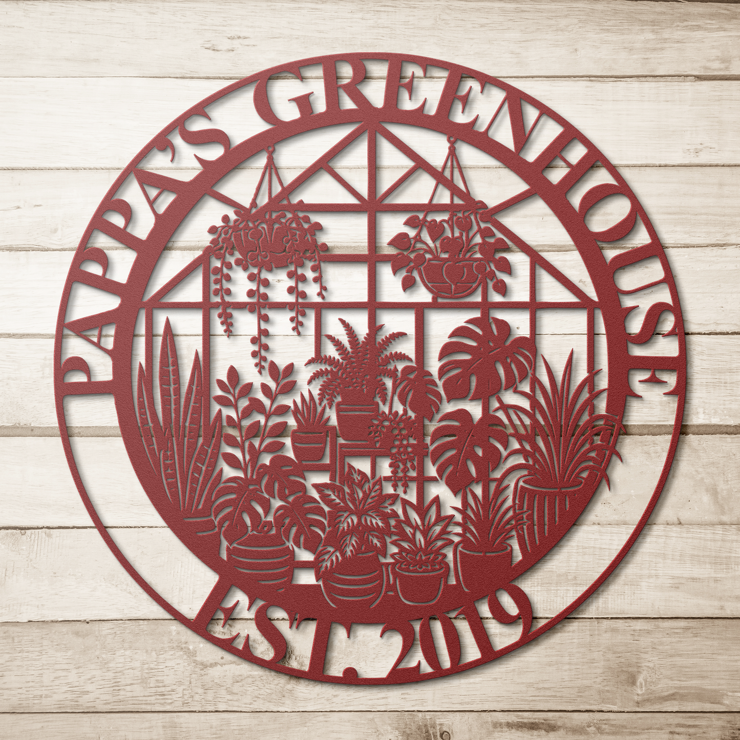 Red greenhouse metal sign on wood background — personalized plant lover wall art