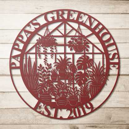Red greenhouse metal sign on wood background — personalized plant lover wall art