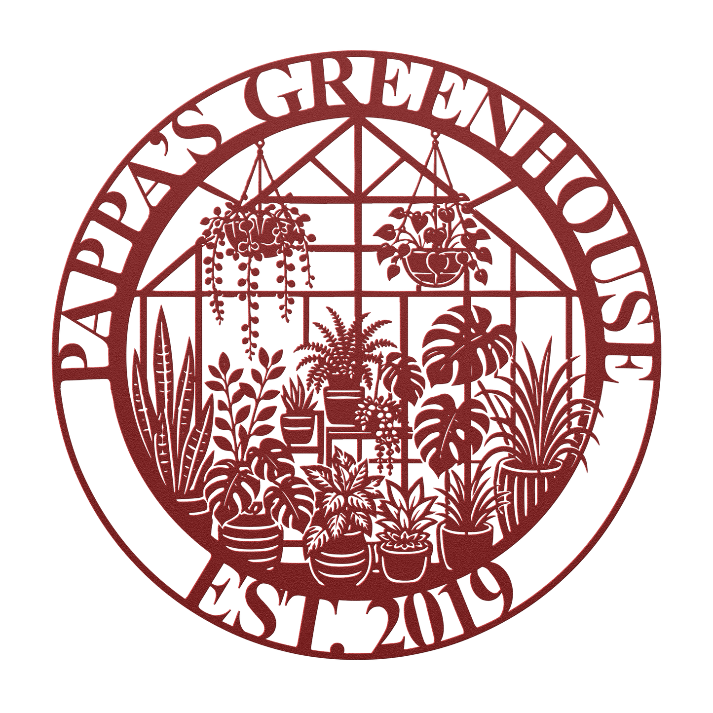 Custom greenhouse metal sign in red — personalized plant lover wall art