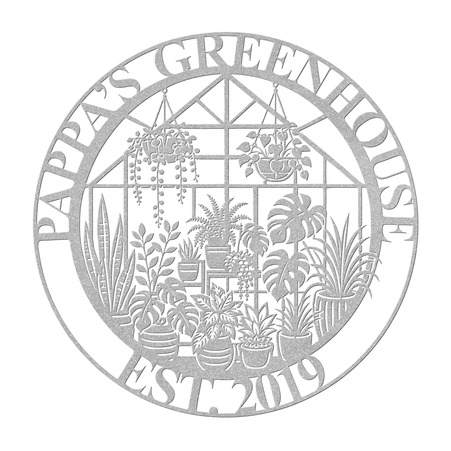 Custom greenhouse metal sign in silver — personalized plant lover wall art