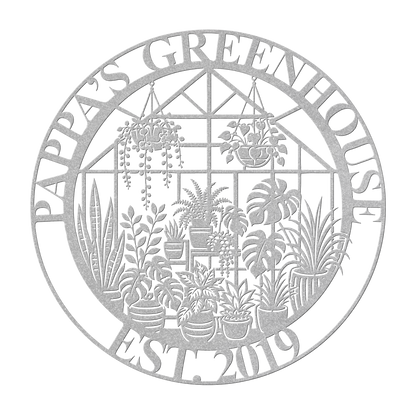 Custom greenhouse metal sign in silver — personalized plant lover wall art