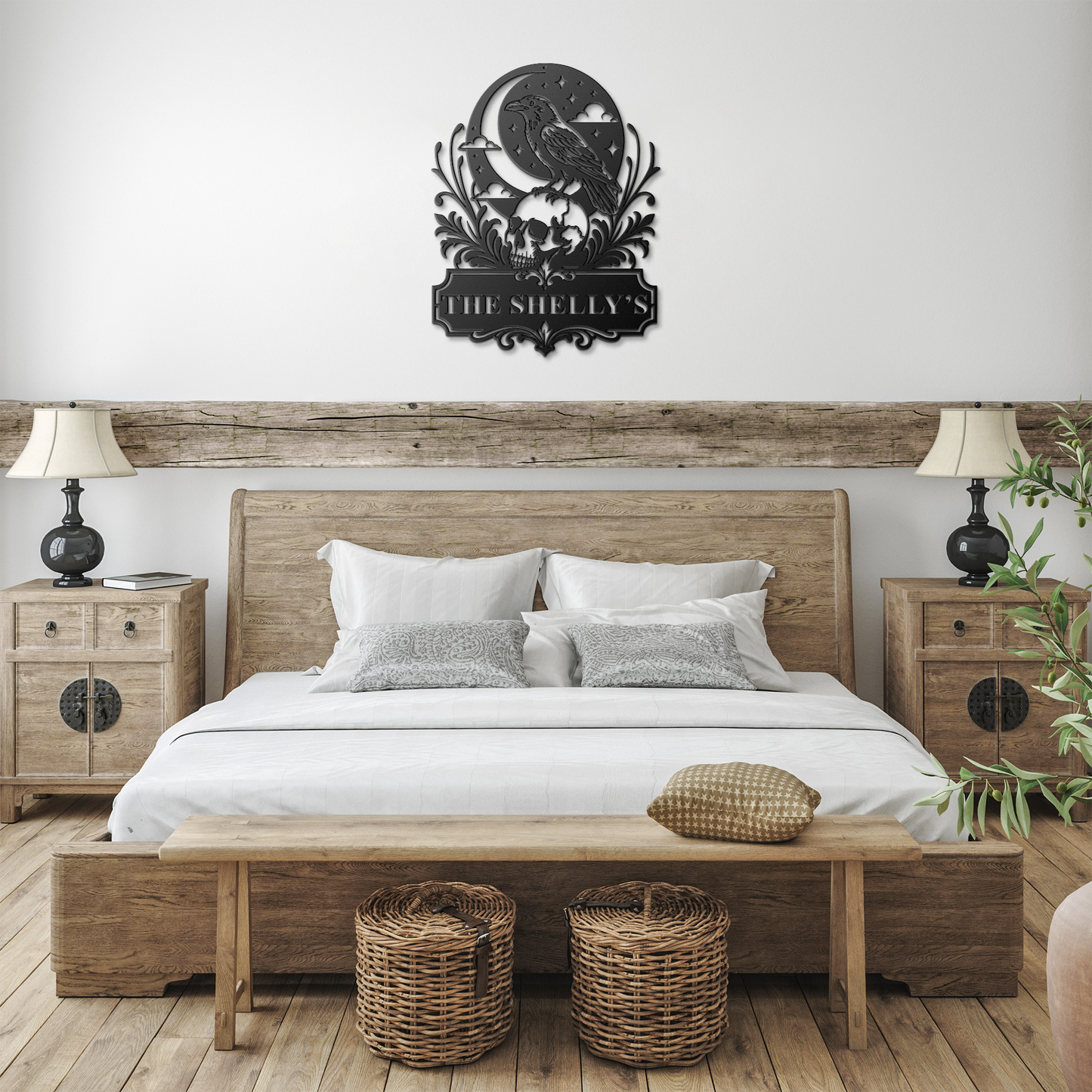 Black custom Halloween raven skull metal sign in farmhouse room — personalized gothic wall art