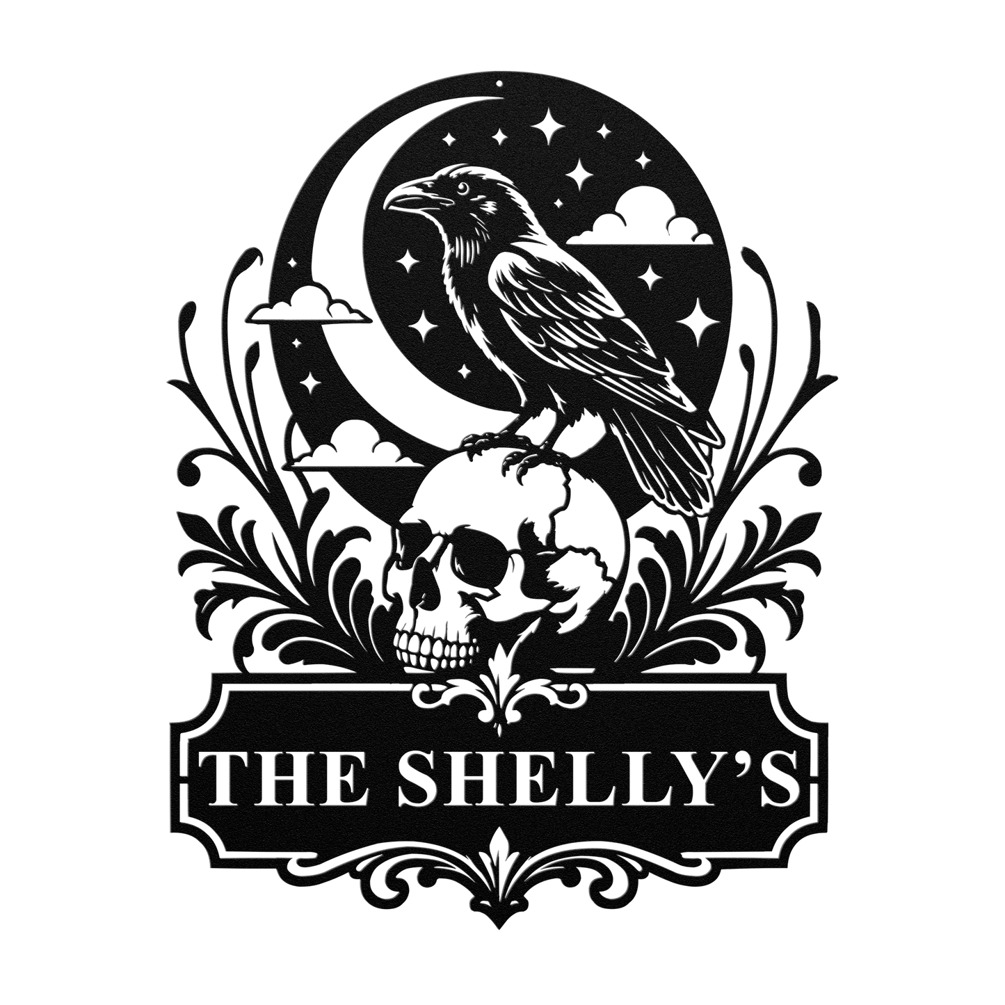 Custom halloween raven skull metal sign in black — personalized gothic Halloween family wall art