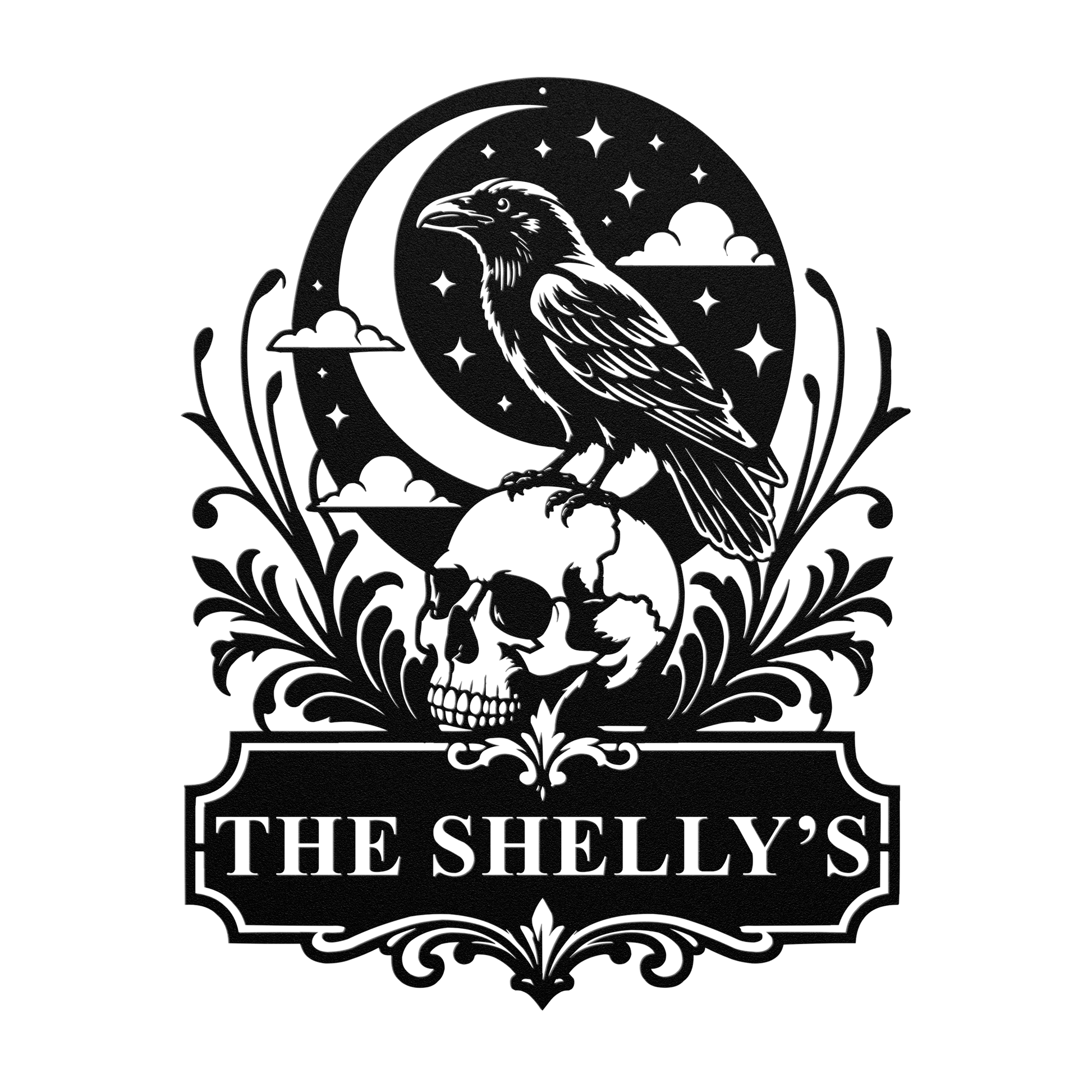 Custom halloween raven skull metal sign in black — personalized gothic Halloween family wall art