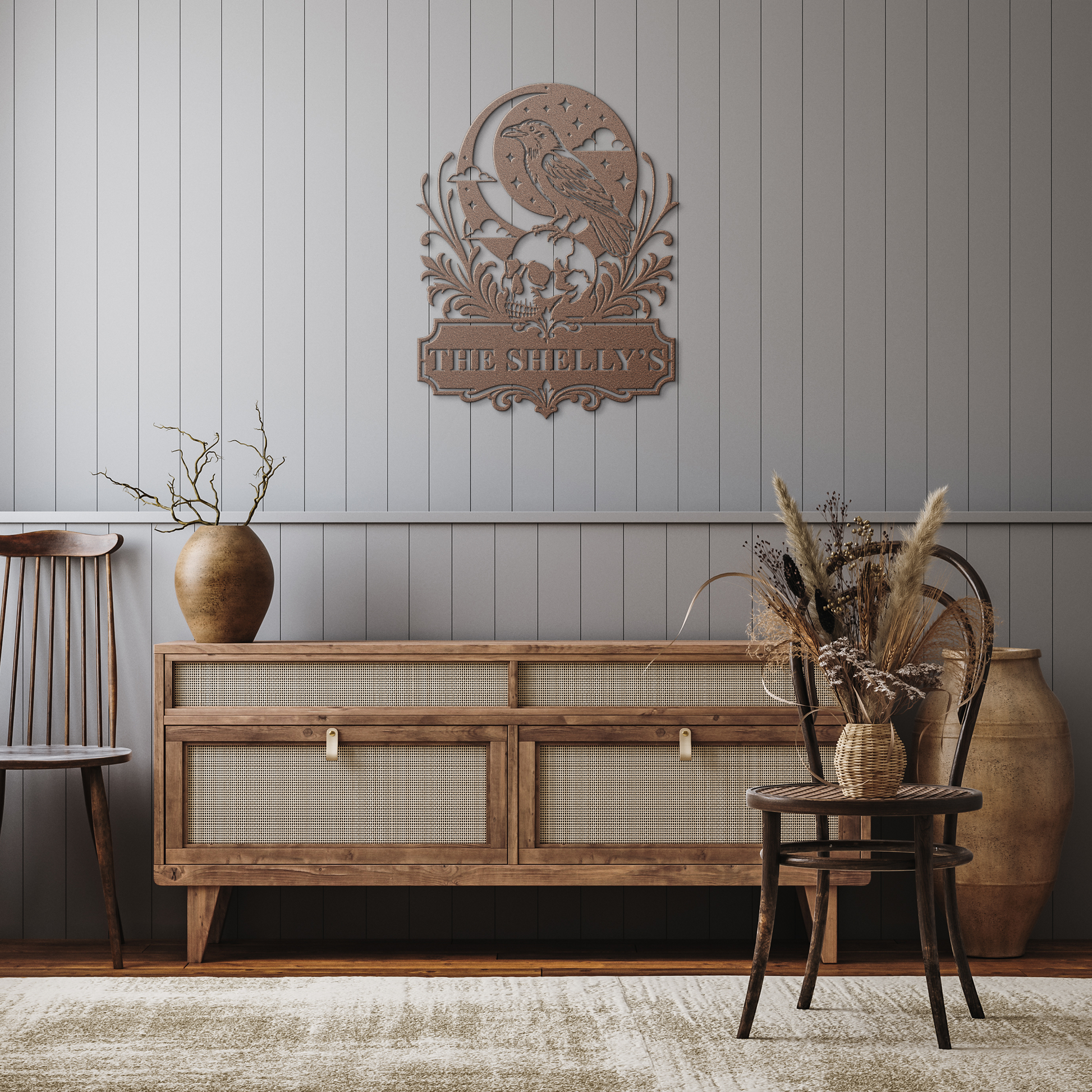 Copper custom Halloween raven skull metal sign in rustic hallway — personalized gothic wall art