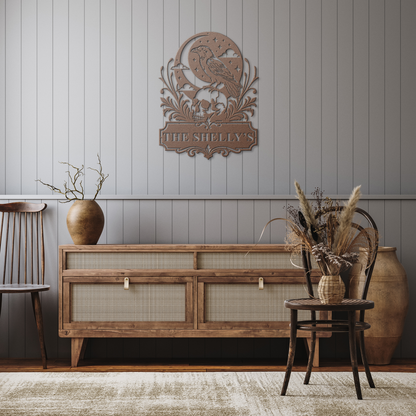 Copper custom Halloween raven skull metal sign in rustic hallway — personalized gothic wall art