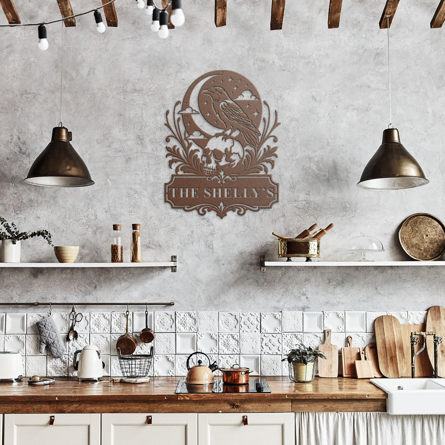 Copper custom Halloween raven skull metal sign in rustic kitchen — personalized gothic decor