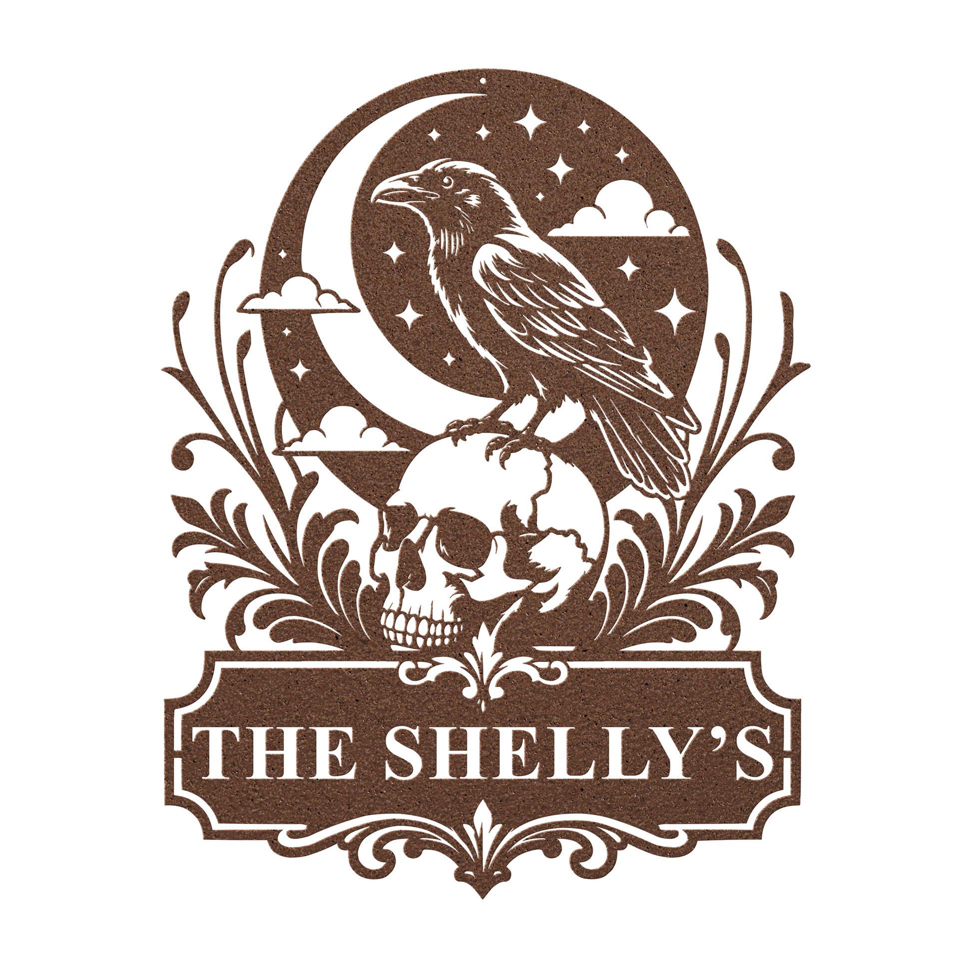 Custom halloween raven skull metal sign in copper — personalized gothic Halloween family wall art