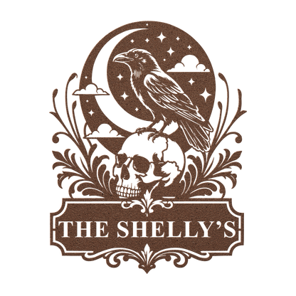 Custom halloween raven skull metal sign in copper — personalized gothic Halloween family wall art
