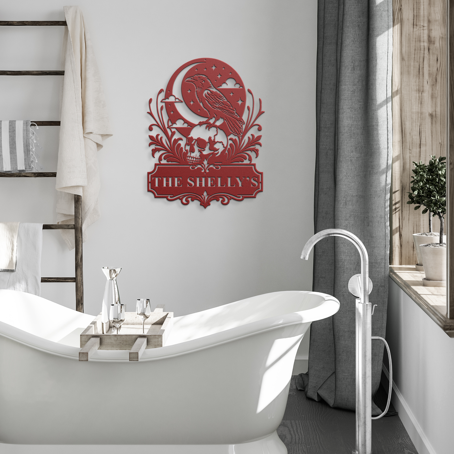 Red custom Halloween raven skull metal sign in modern room — personalized gothic decor