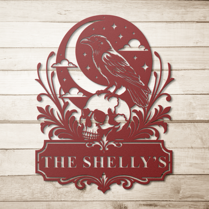 Red custom Halloween raven skull metal sign on wood background — personalized gothic wall art