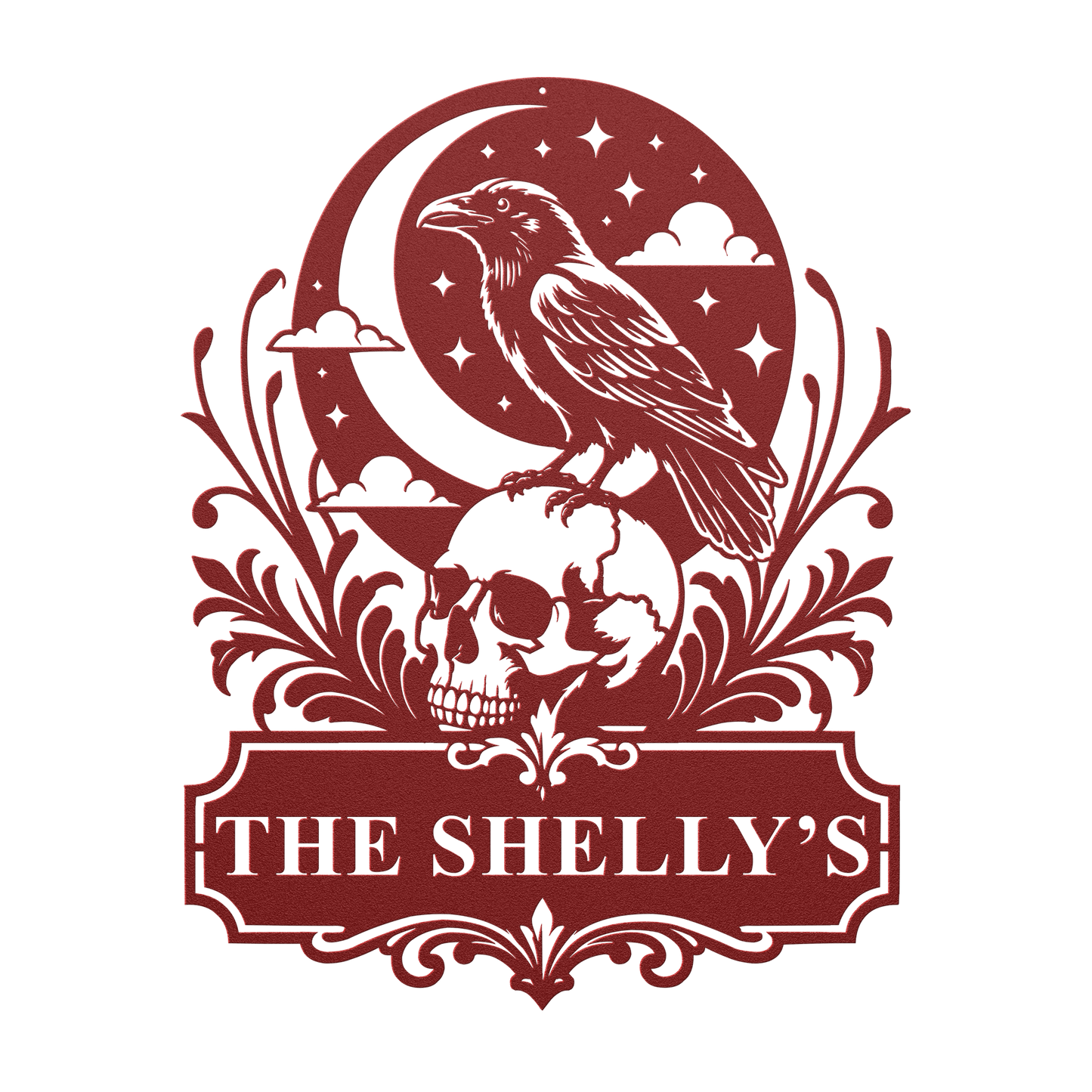 Custom halloween raven skull metal sign in red — personalized gothic Halloween family wall art