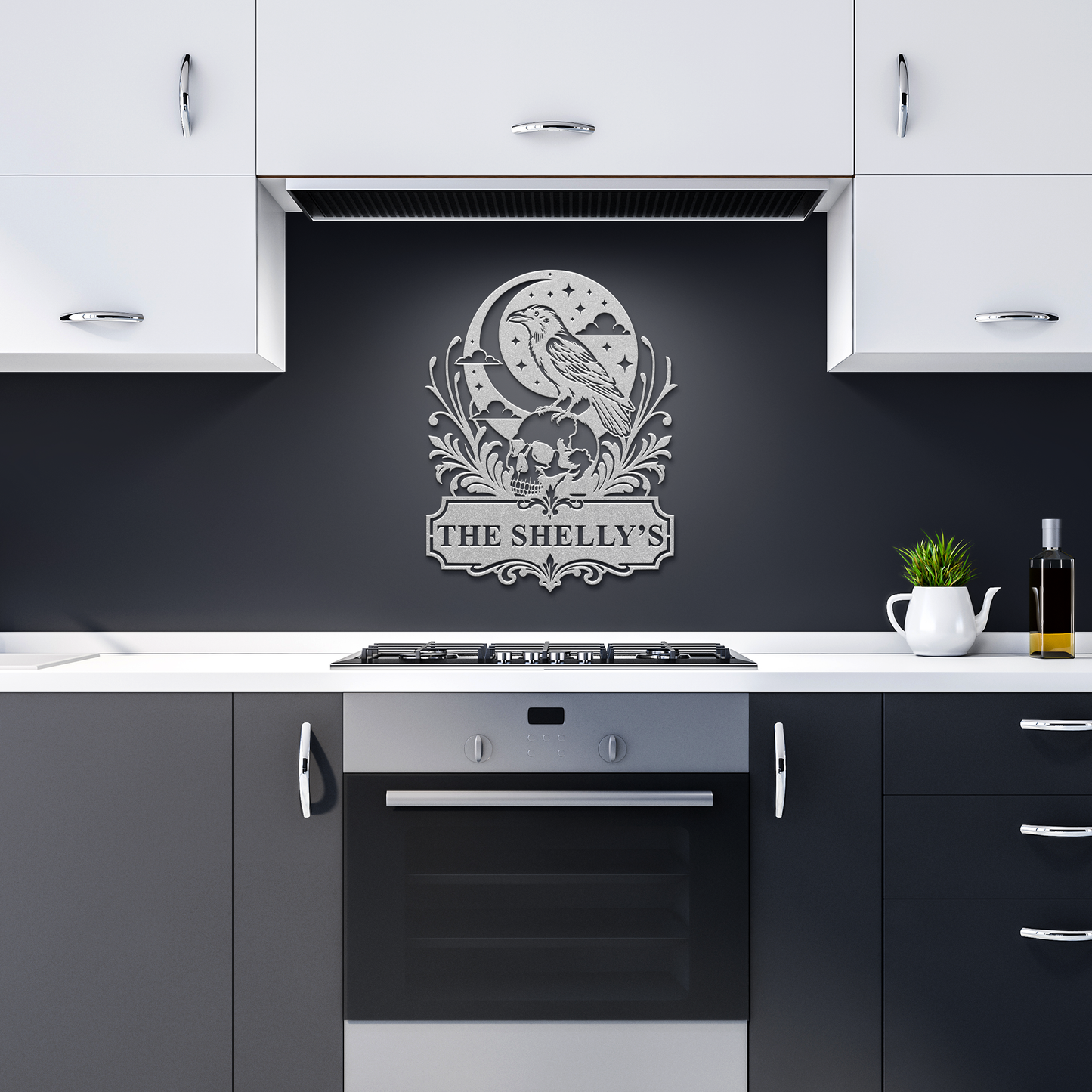 Silver custom Halloween raven skull metal sign in dark kitchen — personalized gothic decor