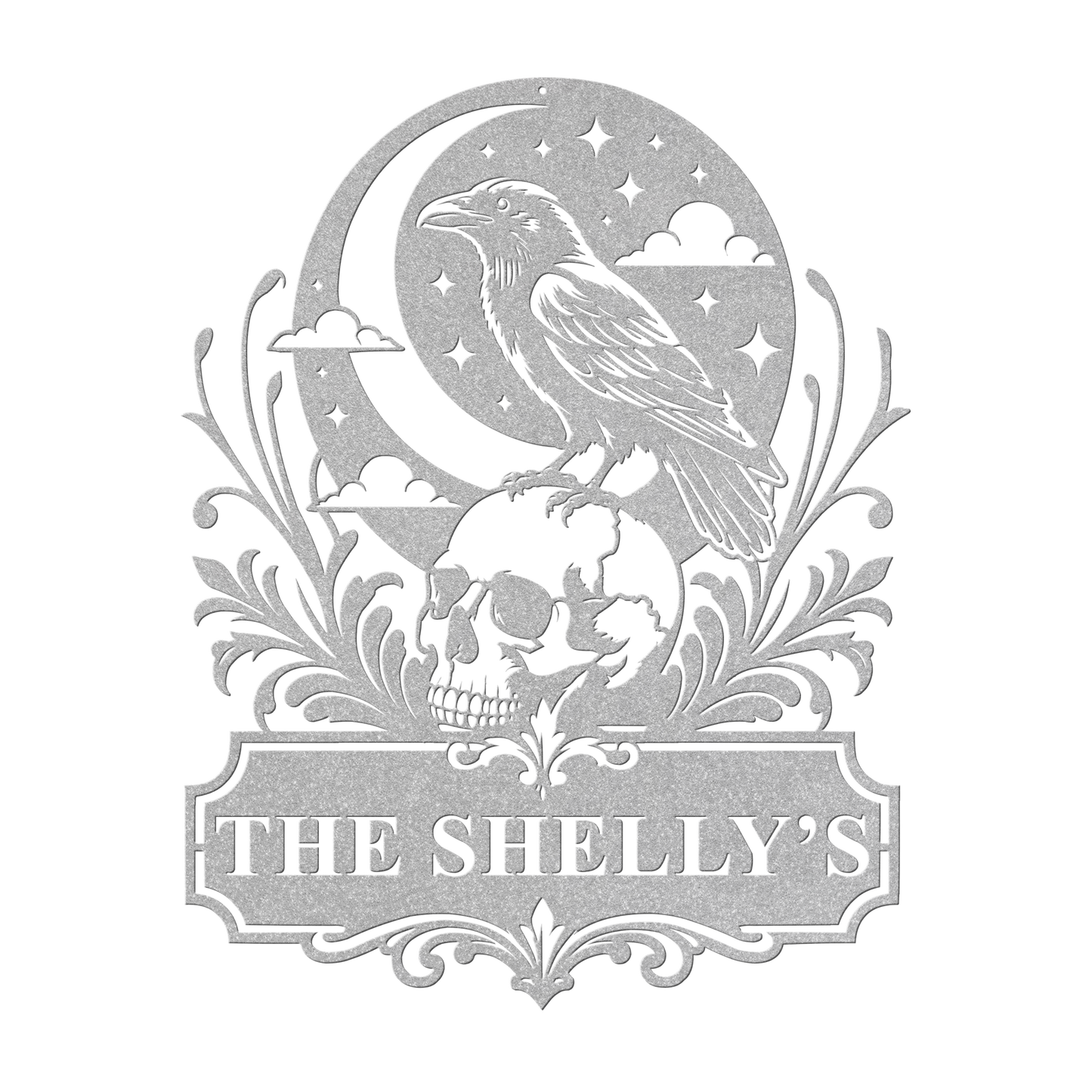 Custom halloween raven skull metal sign in silver — personalized gothic Halloween family wall art