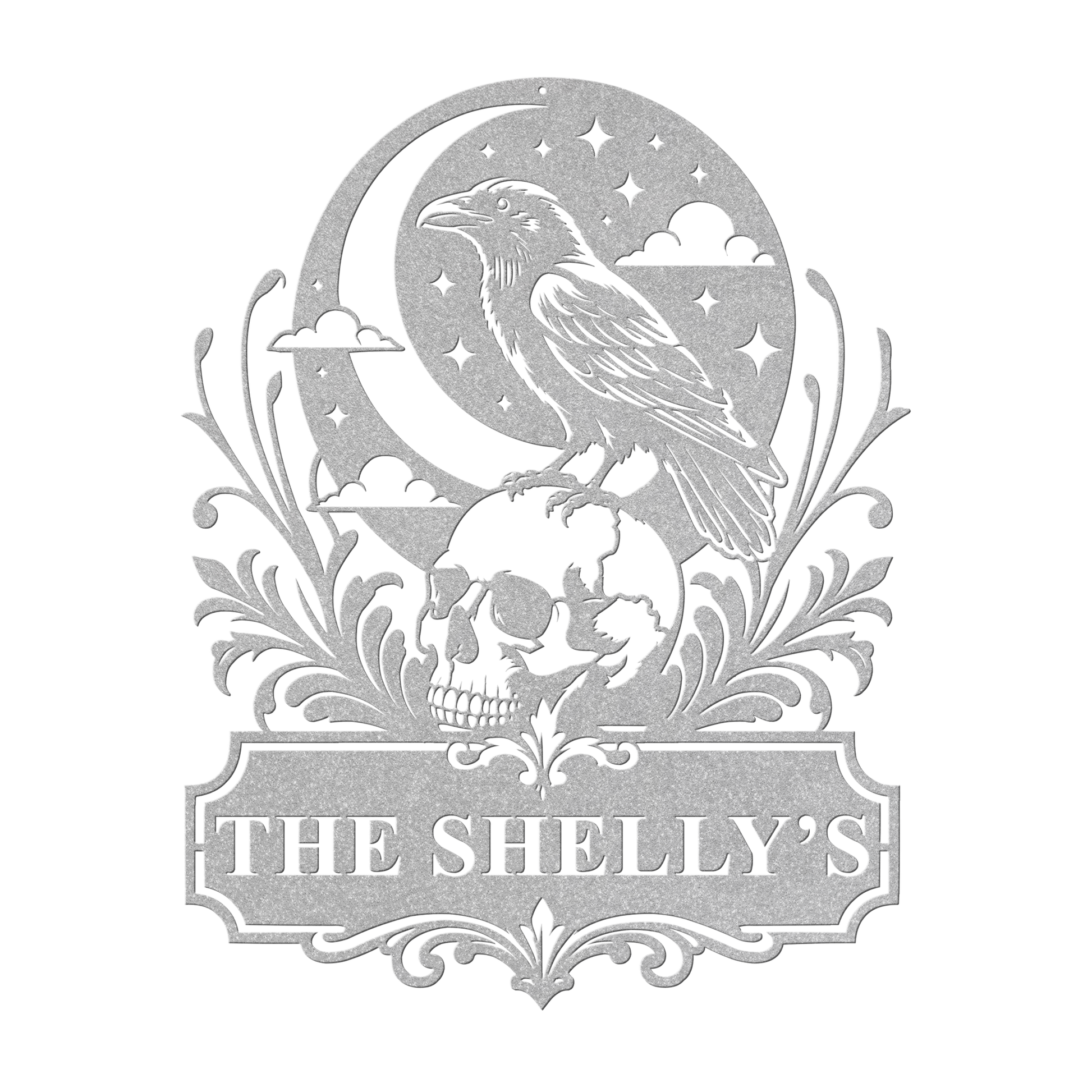Custom halloween raven skull metal sign in silver — personalized gothic Halloween family wall art