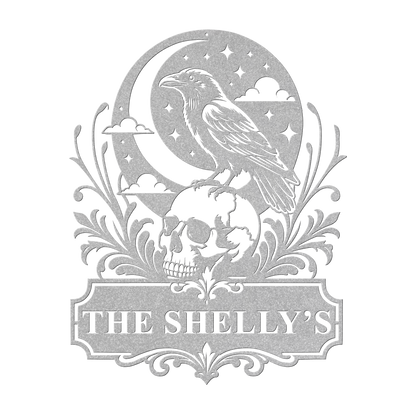 Custom halloween raven skull metal sign in silver — personalized gothic Halloween family wall art