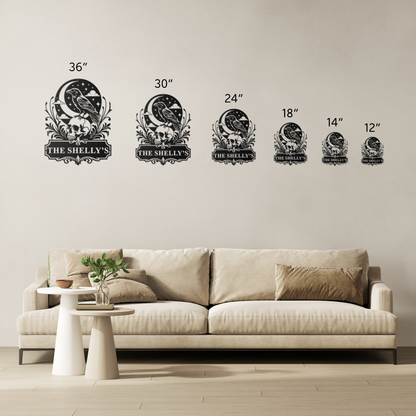 Custom Halloween raven skull metal sign size comparison — 12 to 36 inch options
