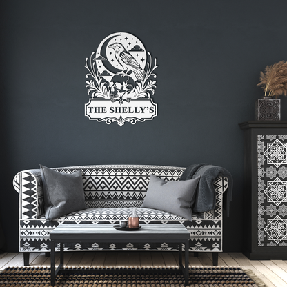 White custom Halloween raven skull metal sign in living room — personalized gothic wall decor