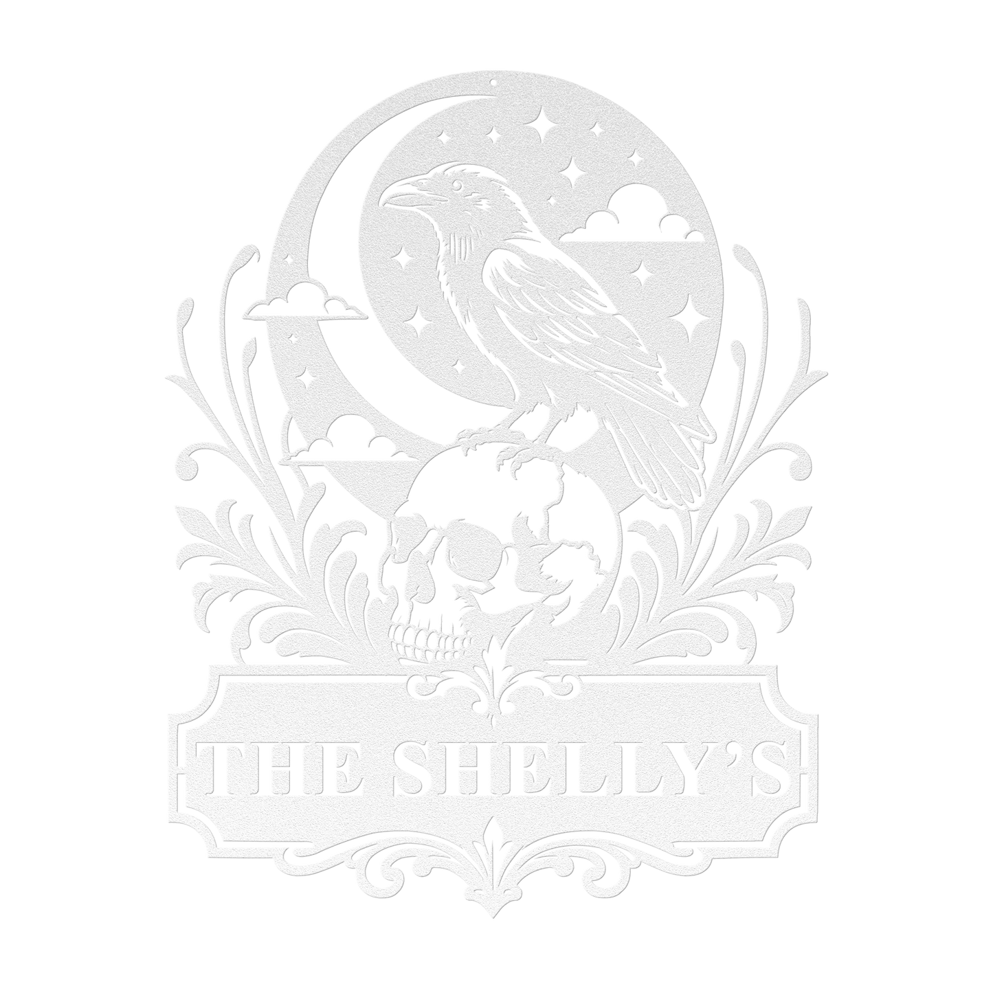 Custom halloween raven skull metal sign in white — personalized gothic Halloween family wall art