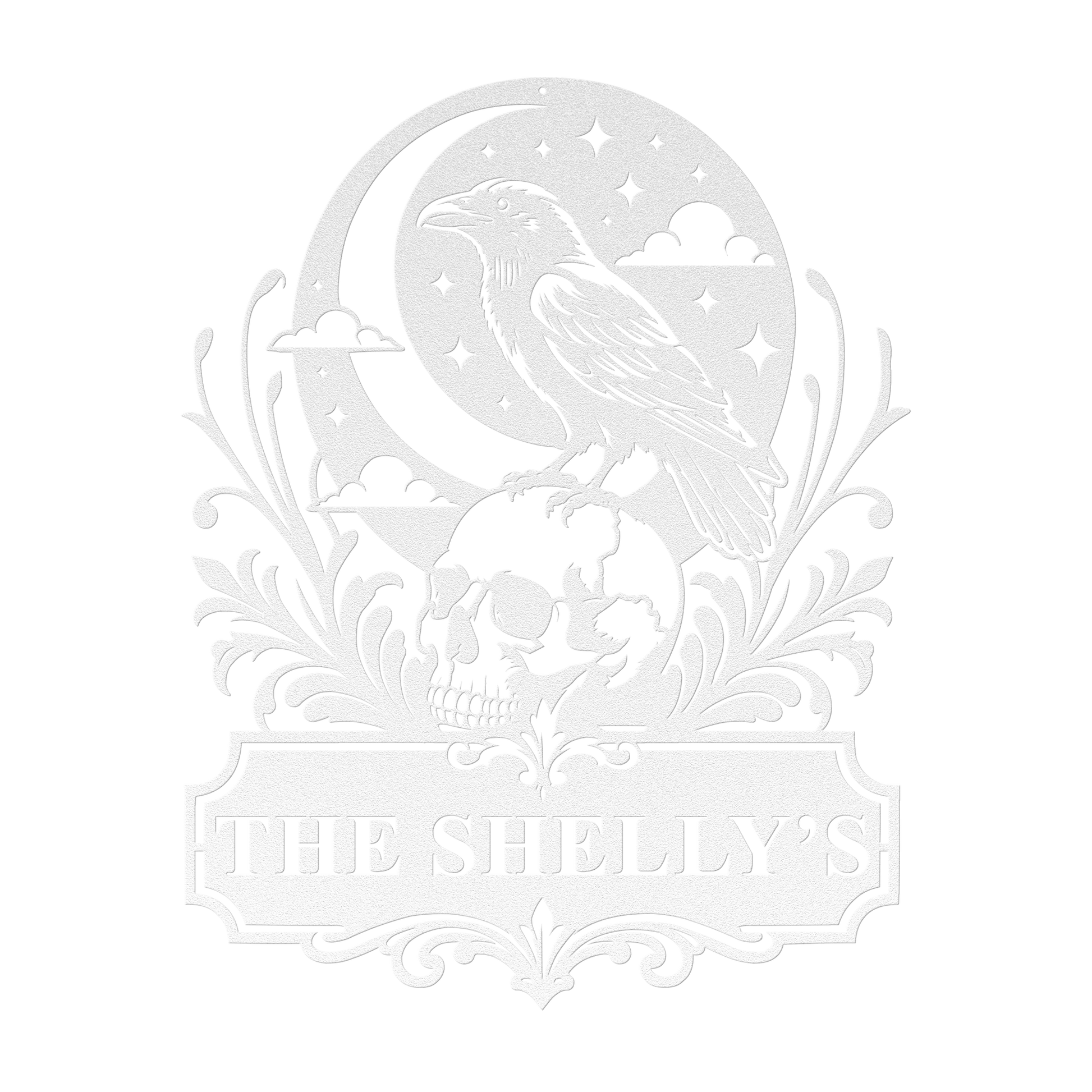 Custom halloween raven skull metal sign in white — personalized gothic Halloween family wall art