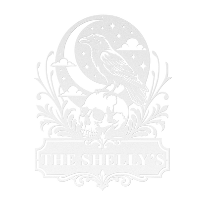 Custom halloween raven skull metal sign in white — personalized gothic Halloween family wall art