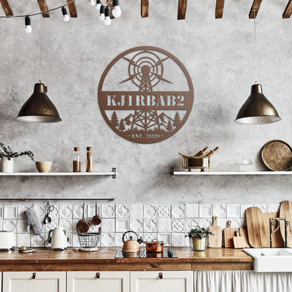 Copper ham radio metal sign in rustic kitchen — personalized callsign decor