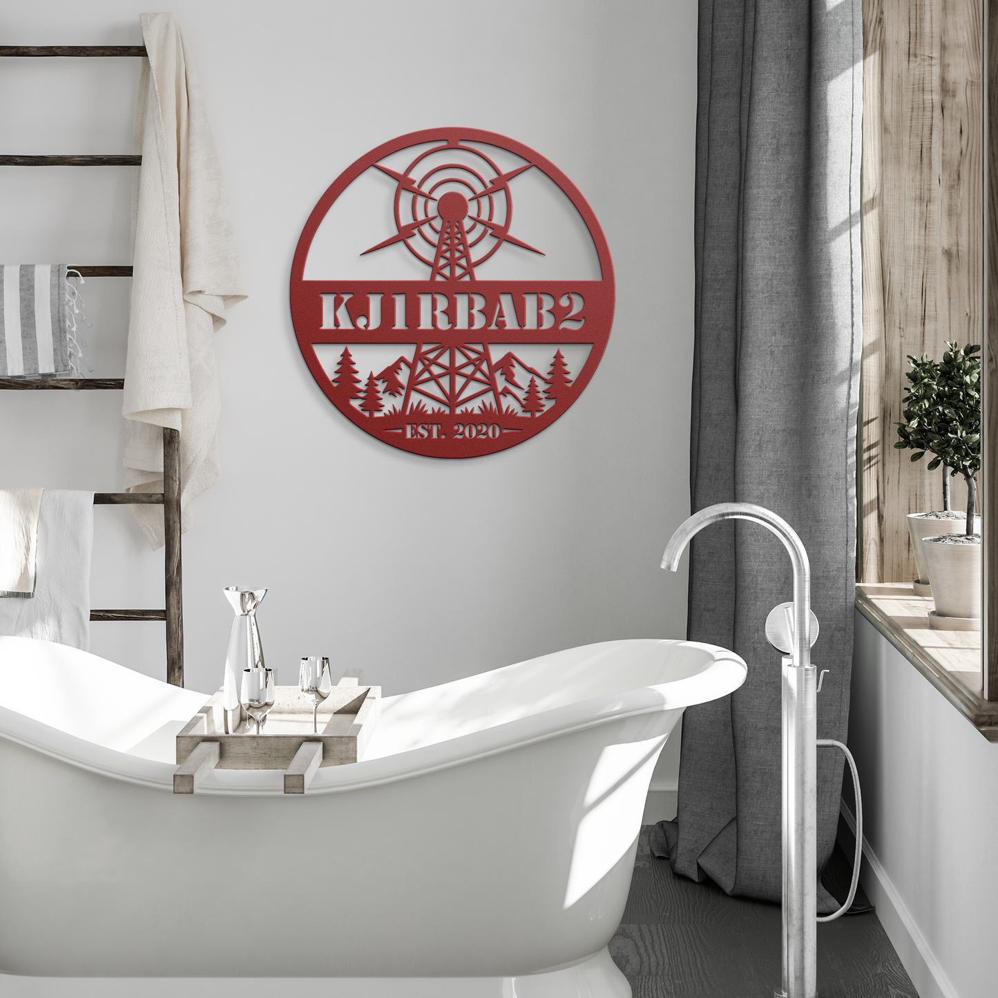Red ham radio metal sign in modern bathroom — personalized callsign decor