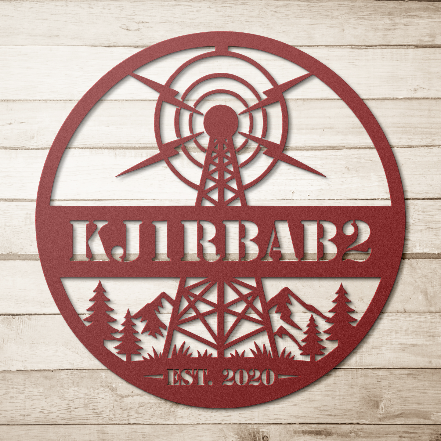 Red ham radio metal sign on wood background — personalized callsign wall art