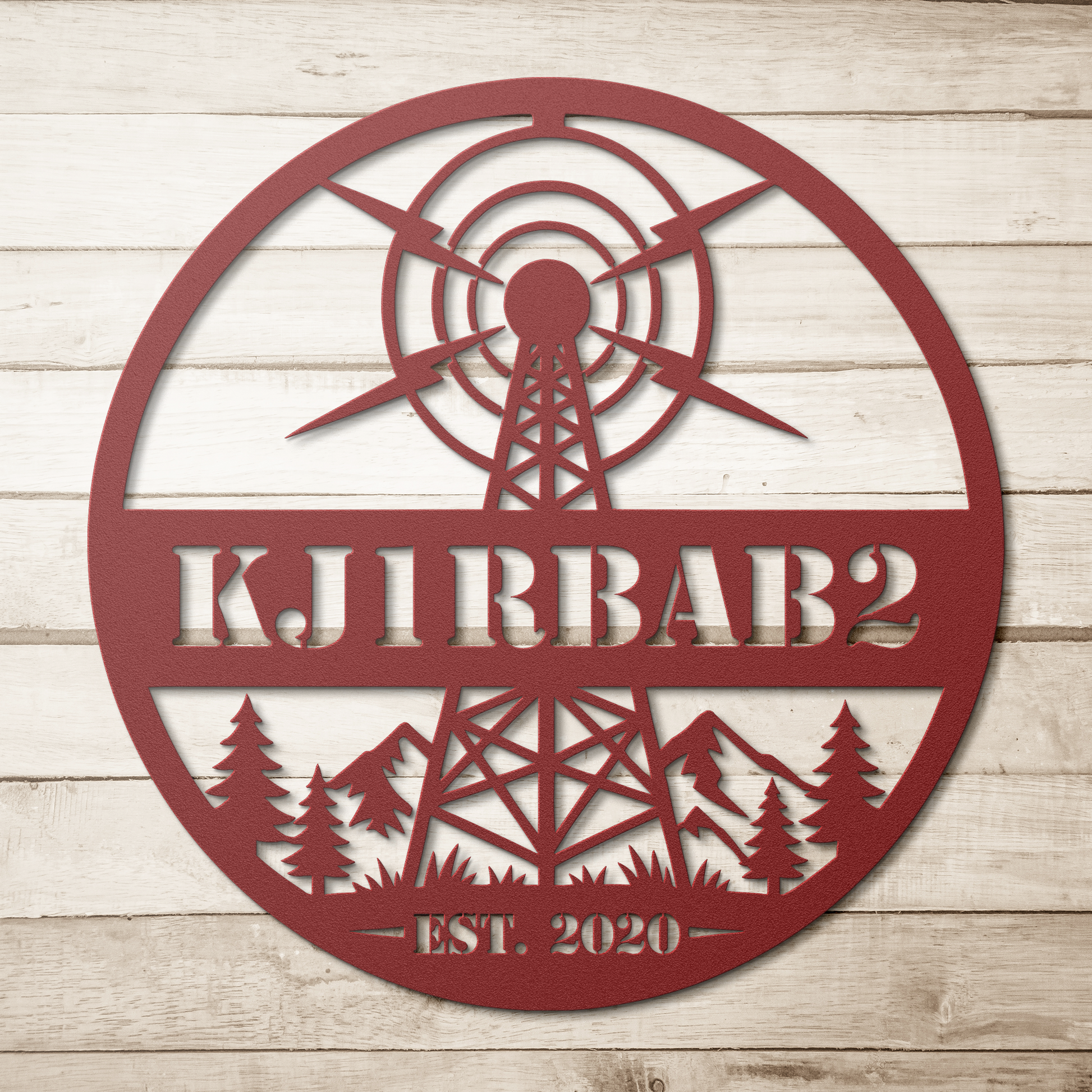 Red ham radio metal sign on wood background — personalized callsign wall art