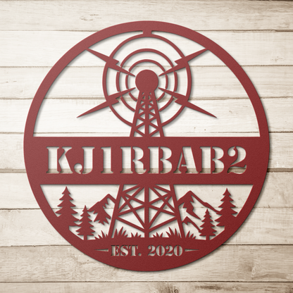 Red ham radio metal sign on wood background — personalized callsign wall art